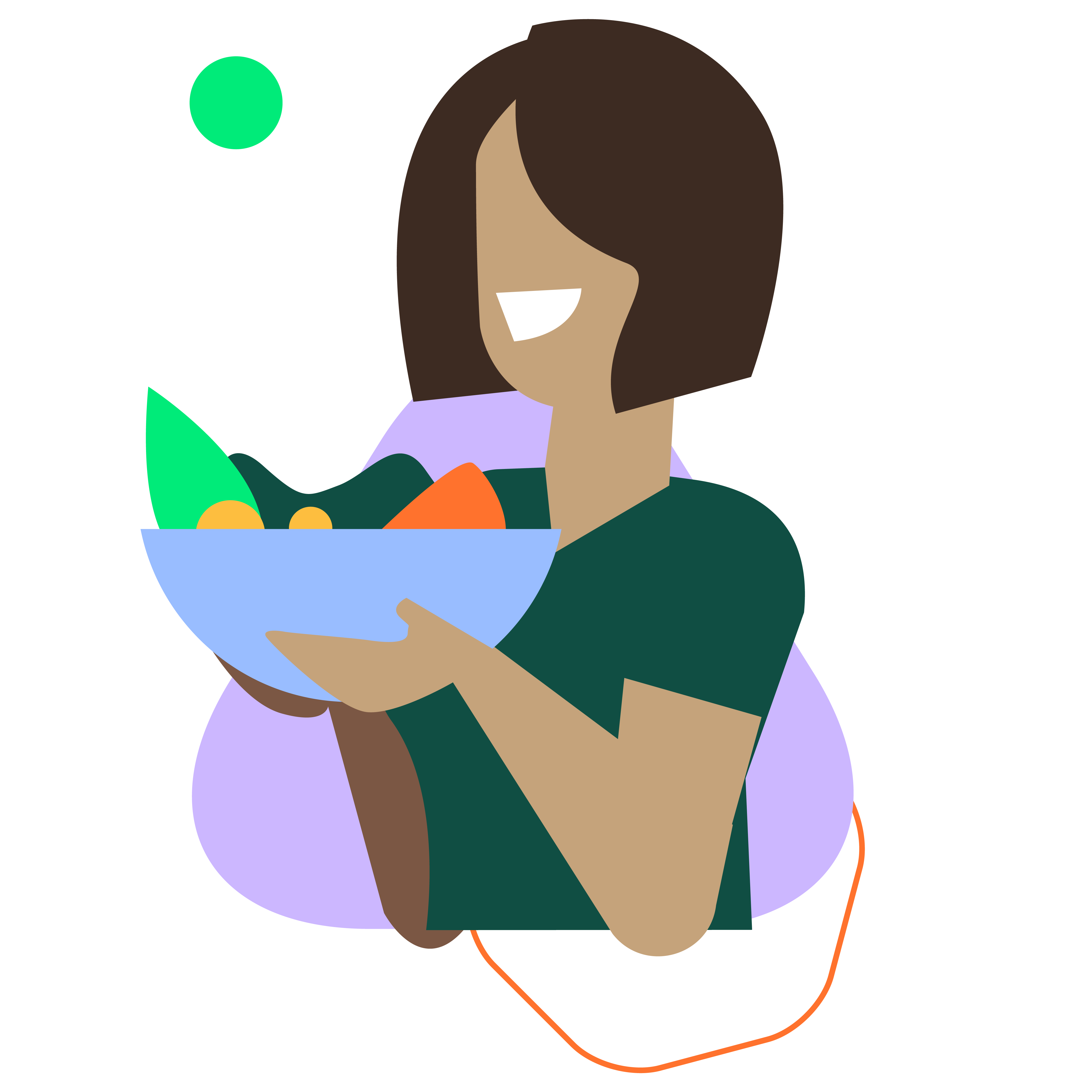 An illustration of a woman smiling holding up a bowl of fruit. She has brown hair and a green t-shirt on.