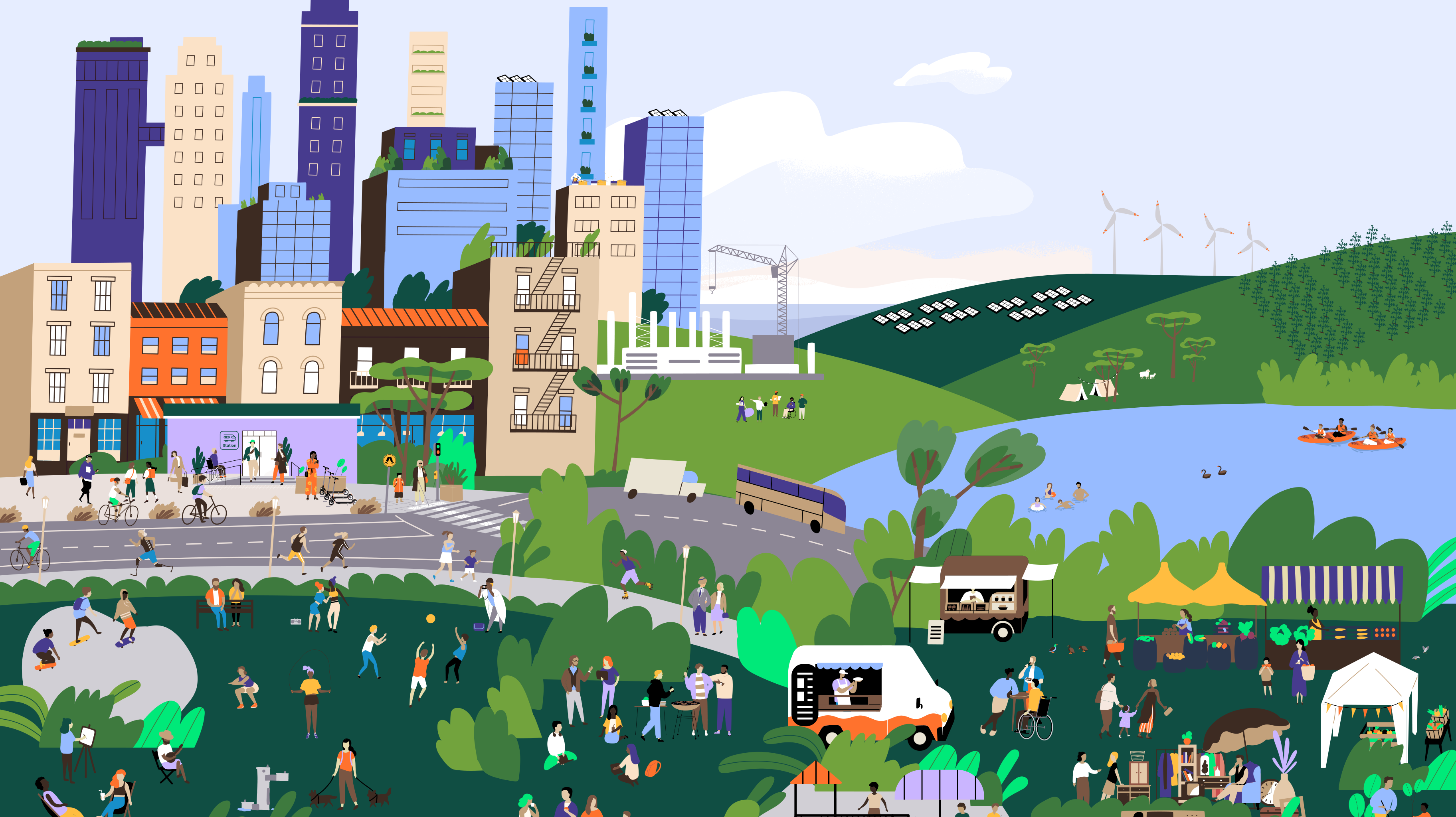Illustration of a city with lots of green space and people on footpaths and bikes