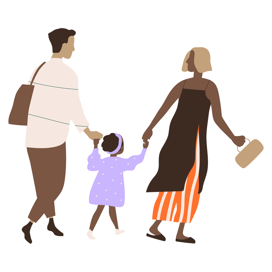 Illustration of two parents, each holding the hand of their child as they walk down a street. 