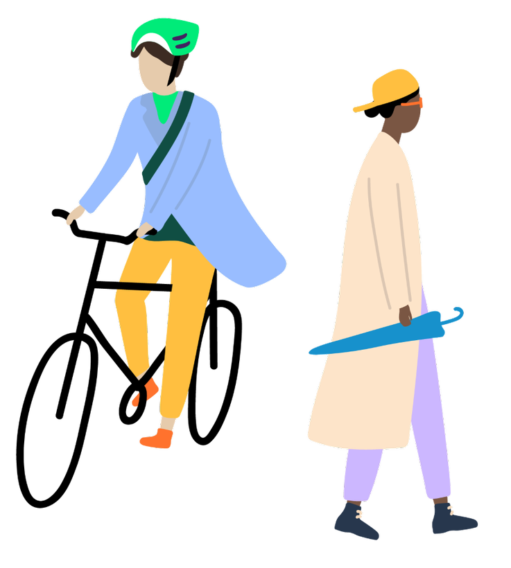 Illustration of a person wearing a blue coat and yellow pants riding a bike. A person wearing a long beige coat, yellow cap and purple pant is walking with a blue umbrella. 