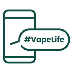 An icon of a phone with a speech bubble saying "#vapelife"