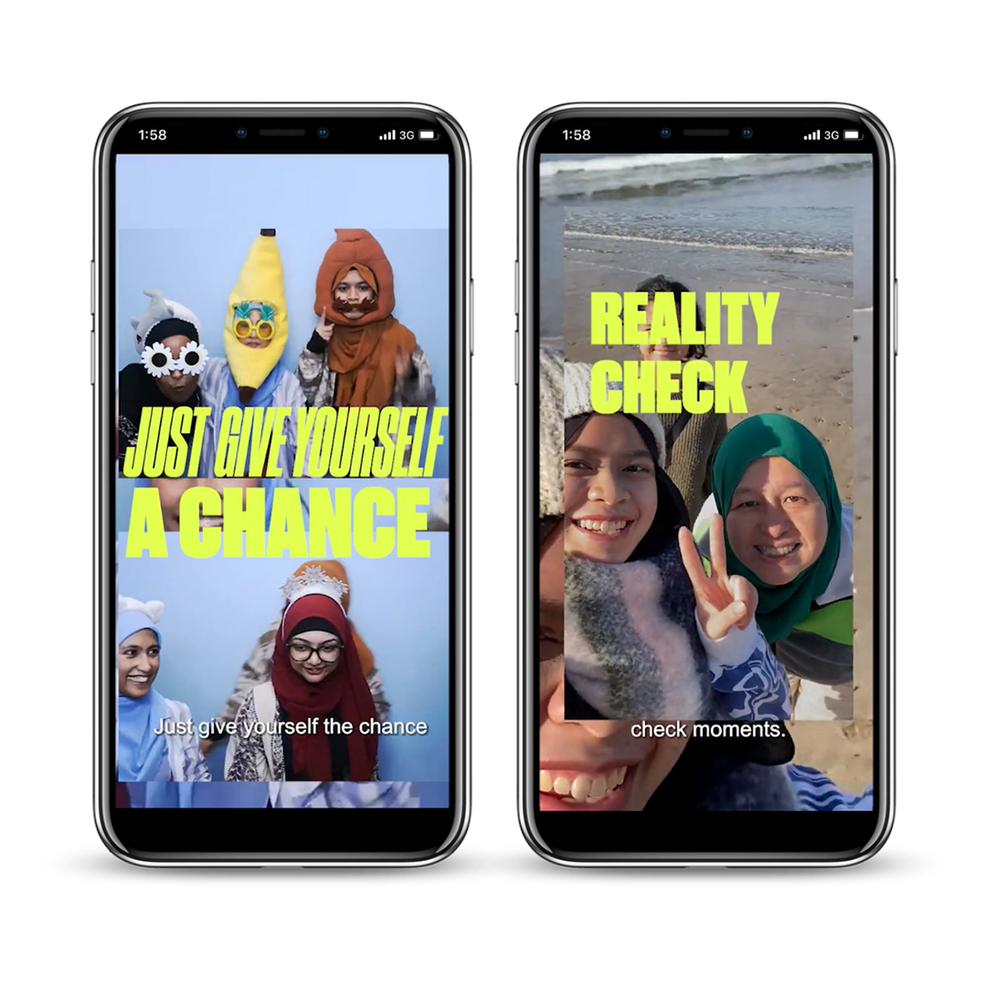 Two mobile phones playing videos of young people with the overlayed caption saying "Just give yourself a chance" and "Reality Check"
