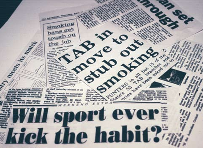 Various news clippings with headings like "TAB to stub out smoking" and "Will sport ever kick the habit?"