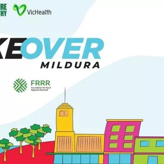 An illustration of some trees, river, boats and buildings is sitting at the bottom of the page. The ABC logo is next to the words "takeover Mildura"