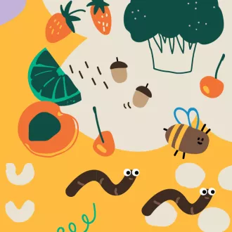 Illustration of fruit and veggies with two happy worms and a smiling bee