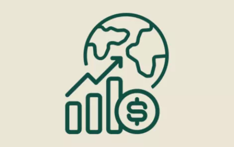 Icon of a graph and dollar symbol on top of a globe of the world