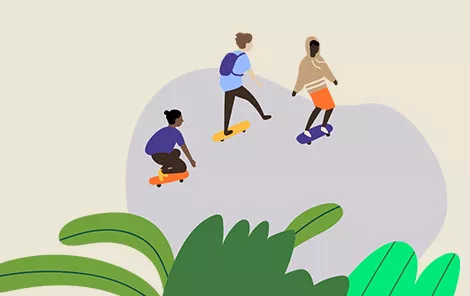 Illustration of three kids skating.