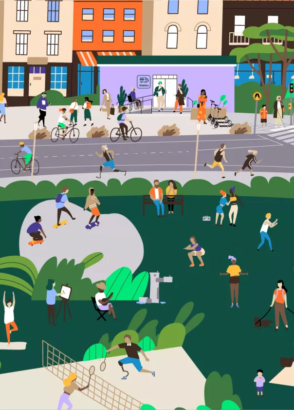 Illustration of a park and playground with shops in the background and a diverse range of people interacting with the scene.