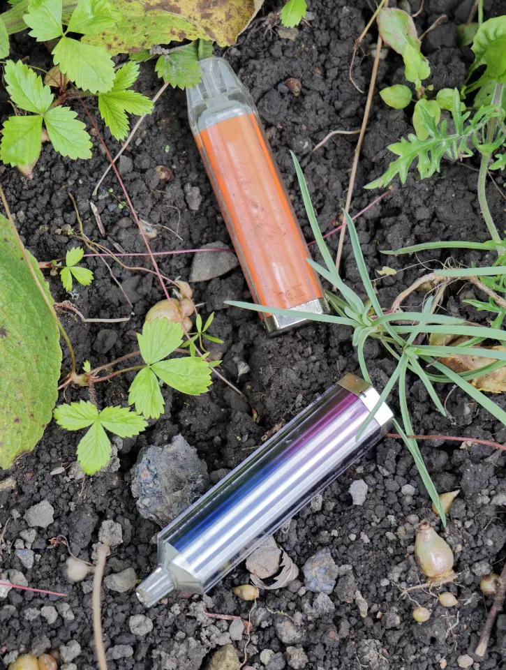 A photo of vapes discarded among plants