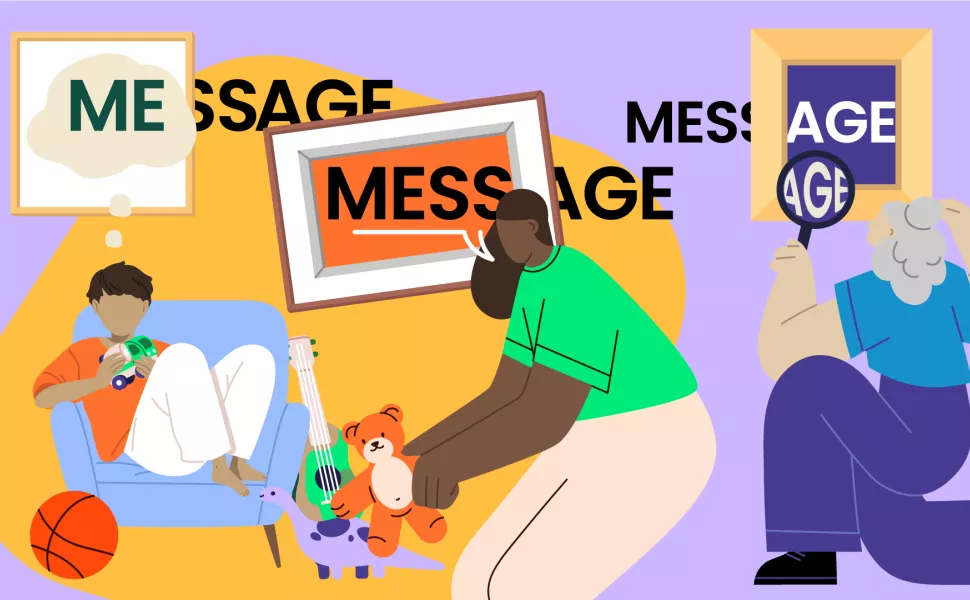 Illustration of three diverse people interacting withe games, teddies, and magnifying glass with the text "message, message, message" in the background. 